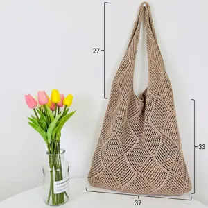 Gestrickte hohle Handtasche Beige Umhaengetasche Laessig Damen Shopper Tasche fuer Alltag