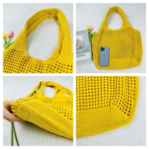 Damen gelbe gestrickte Tasche lässige Mesh Schultertasche Sommer Strandtasche Shopper Alltag