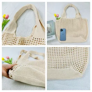 Detailansicht der beigen Strick-Häkel-Tasche mit Netzmuster und feiner Griffverarbeitung.