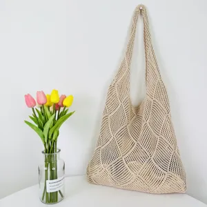 Damen Hohl Gestrickte Tote Bag Einfarbig Gewebt Häkeln Umhängetasche Casual Große Kapazität Shopping Strand Handtasche Damen