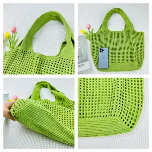 Grüne gestrickte hohle Tragetasche, lässige gewebte Umhängetasche für Damen Alltag.