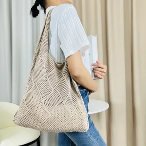 Beige Strick Tote Tasche für Damen, Häkelmuster Netz Schultertasche, lässige Beuteltasche.