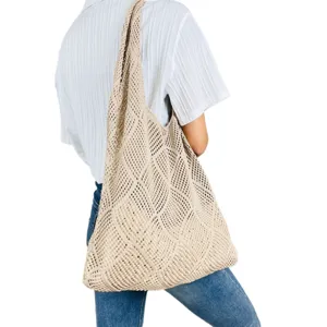 Beige Häkelstrick Handtasche für Damen, lässige Sommer Schultertasche, modische Beuteltasche
