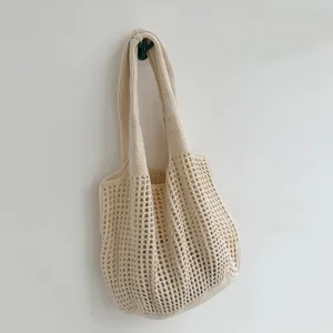 Damen Casual Gestrickt Hohl Ausgeschnitten Tote Bag Einfarbig Gewebt Polyester Schultertasche Mesh Offen Handtasche