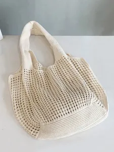 Beigefarbene gestrickte Netztasche für Damen, lässige Schultertasche mit Lochmuster.