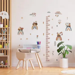 Bohemian Cartoon Animal Rainbow Engineering Vehicle Kids Height Chart Wall Sticker Self Adhesive PVC Growth Measuring Decal For Children Bedroom Playroom Home Decoration