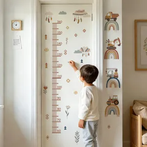 Kids growth chart wall sticker, cute cartoon rainbow and truck height measure decor