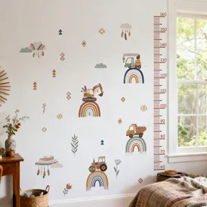 Kids height growth chart wall sticker with cute cartoon construction vehicles and rainbows for room decor.