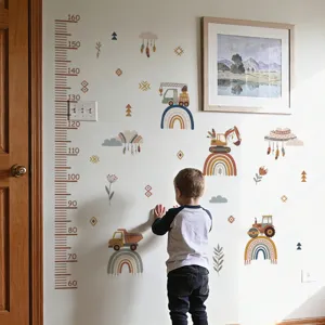 Kids height growth chart wall sticker featuring rainbow and construction trucks for bedroom room.
