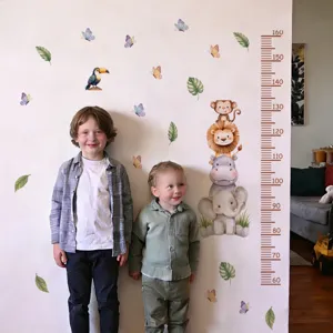 Detail view of watercolor jungle animal height growth chart wall sticker with cute cartoon animals.