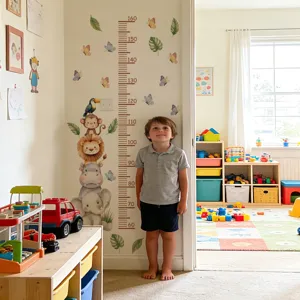 Kids height wall sticker with cute cartoon animals growth chart for nursery room decor.