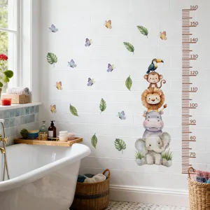 Detailed view of cute cartoon animal height wall sticker with scale, ideal for kids room decor.