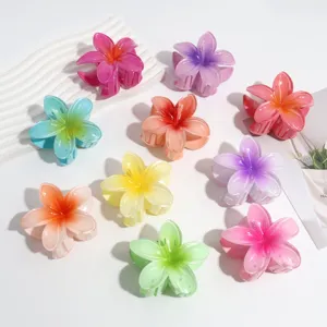 Colorful jelly plumeria flower hair claws set, translucent floral hair clips for summer.