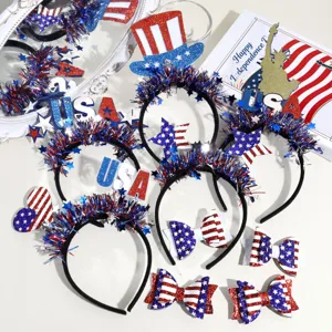 USA Independence Day Flag Headband USA Letter Tinsel Party Hair Hoop Red Blue White Color Block Festival Hair Accessories Women Girls