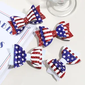 American flag bow hair clips set, glitter stars and stripes patriotic hair accessories for party.