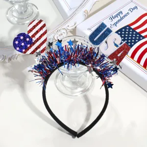 Independence Day patriotic headband with USA glitter letters and star tinsel for party.