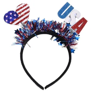 Red white and blue USA letter tinsel headband for American Independence Day party festival.