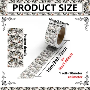 Halloween schedel patroon decoratieve tape muursticker rol met afmetingen en productdetails.