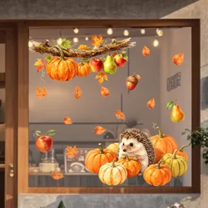 Herbst Zweig Ahornblatt Kürbis Igel statischer Fensteraufkleber Glas Dekoration