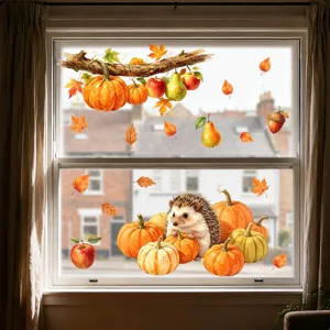 Herbstfensteraufkleber Detail mit Aquarell Kürbissen Igeln und Ahornblättern Fensterschau.