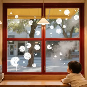 Adhesivo de ventana estatico diente de leon blanco detalle decoracion de vidrio floral.