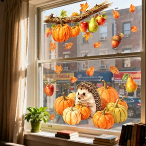Herbst Fenstersüßer Igel Kürbis Ahornblatt Aufkleber für saisonale Glasdekoration.