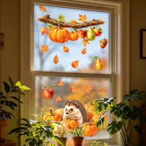 Herbst Ast Kürbis Ahornblatt Tier statische Fensteraufkleber Detailansicht für Dekoration.