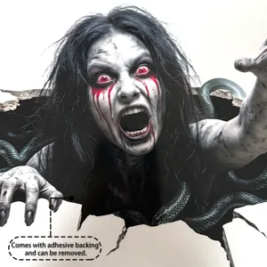 Halloween scary 3D ghost wall sticker, bloody red eyes removable self-adhesive decal.