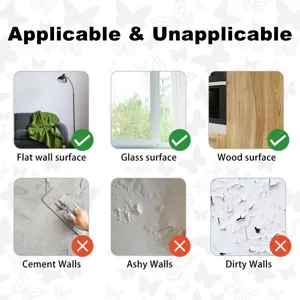 Guide d'application de sticker mural montrant les surfaces appropriees et non appropriees.