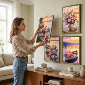 Gedetailleerd uitzicht op landschap bloemen boot decoratief schilderij, mooie wanddecoratie.