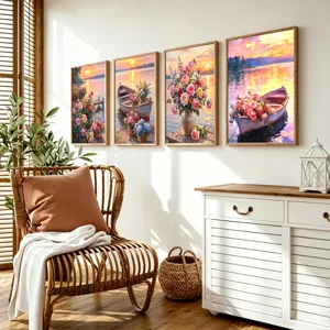 Woonkamer wanddecoratie set met vier landschap bloemen schilderijen in houten frames.