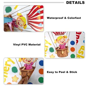 Cartoon girl hot air balloon wall sticker details showing waterproof and vinyl PVC material.