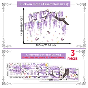 Wisteria Baum Zweig Vogel Schmetterling Wandaufkleber Detailgrafik mit genauen Maßen.