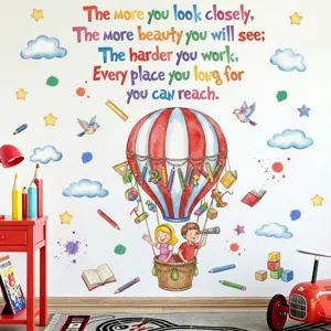 Balloon wall sticker scene with kids, clouds and English quote for kids room decor.