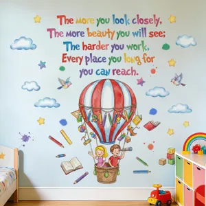 Cartoon hot air balloon wall sticker with inspirational English quotes for kids room decor.