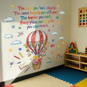 Cartoon girl hot air balloon English cloud wall sticker for kids bedroom home room decor