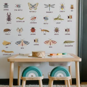 Detailed view of cute cartoon insect wall stickers featuring butterflies and bees for children rooms.
