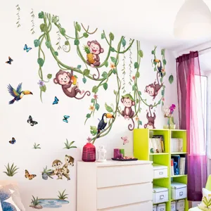 Bonitos adhesivos de pared de selva para habitación infantil, decoración con monos y lianas.