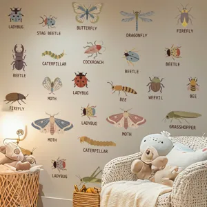 Cartoon insect English wall stickers, DIY self-adhesive cute animal wall decals for kids room.