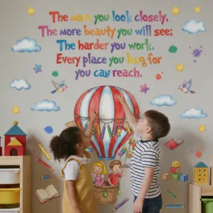 Kids room wall sticker with hot air balloon, English quotes and cute clouds for decor.