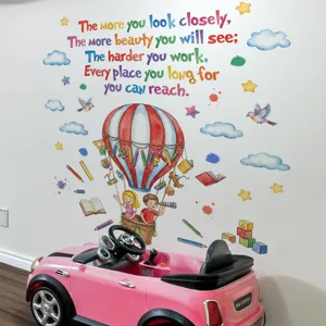 Watercolor hot air balloon English quote wall sticker detail view for kids room decor