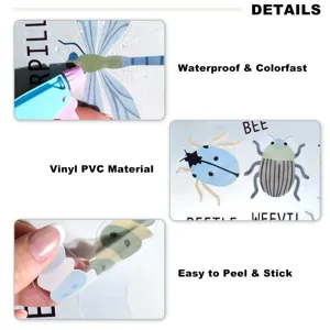 Detailed view of waterproof vinyl PVC insect wall stickers showing easy peel and stick features.