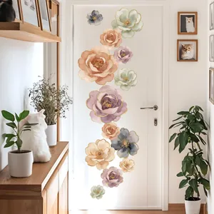 Adhesivo de pared con flores de peonia dorada acuarela para moderna decoracion de puerta.
