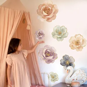 Pegatinas de Pared de Peonía Acuarela Borde Dorado Calcomanías Florales Autoadhesivo PVC Vinilo para Dormitorio Sala de Estar Baño Hogar