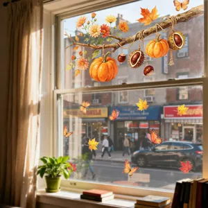 Herbst Fensteraufkleber Ahornblätter Kürbisse statische Aufkleber Glas Deko Schaufenster