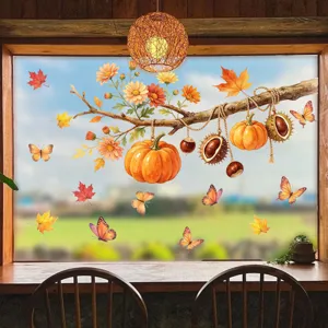 Herbstfensteraufkleber mit Ahornblättern Kürbissen und Ästen für herbstliche Dekoreinzelheiten.