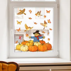 Herbst statische Fensteraufkleber mit Vogelscheuche Kuerbissen und Voegeln fuer Schaufenster Glas
