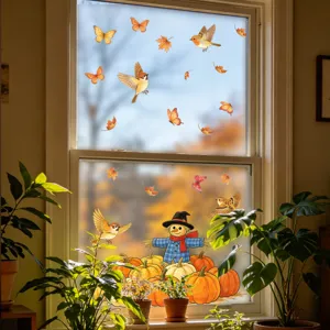 Herbst Fensteraufkleber statisch Vogelscheuche Kürbisse Herbstlaub Deko zuhause