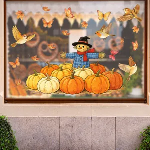 Detailansicht herbstlicher Fensteraufkleber mit Vogelscheuche, Kürbissen und Vögeln für Dekoration.