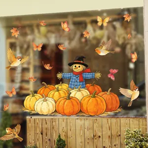 Herbst Fensteraufkleber statisch mit Vogelscheuche Kürbissen und Blättern für Festdeko.